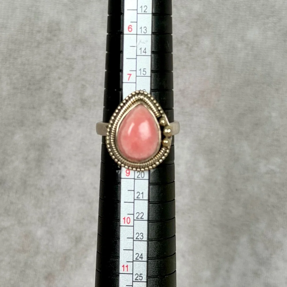 Sterling Silver Pink Rhodochrosite Pear Teardrop Beaded BOHO Ring Size 8